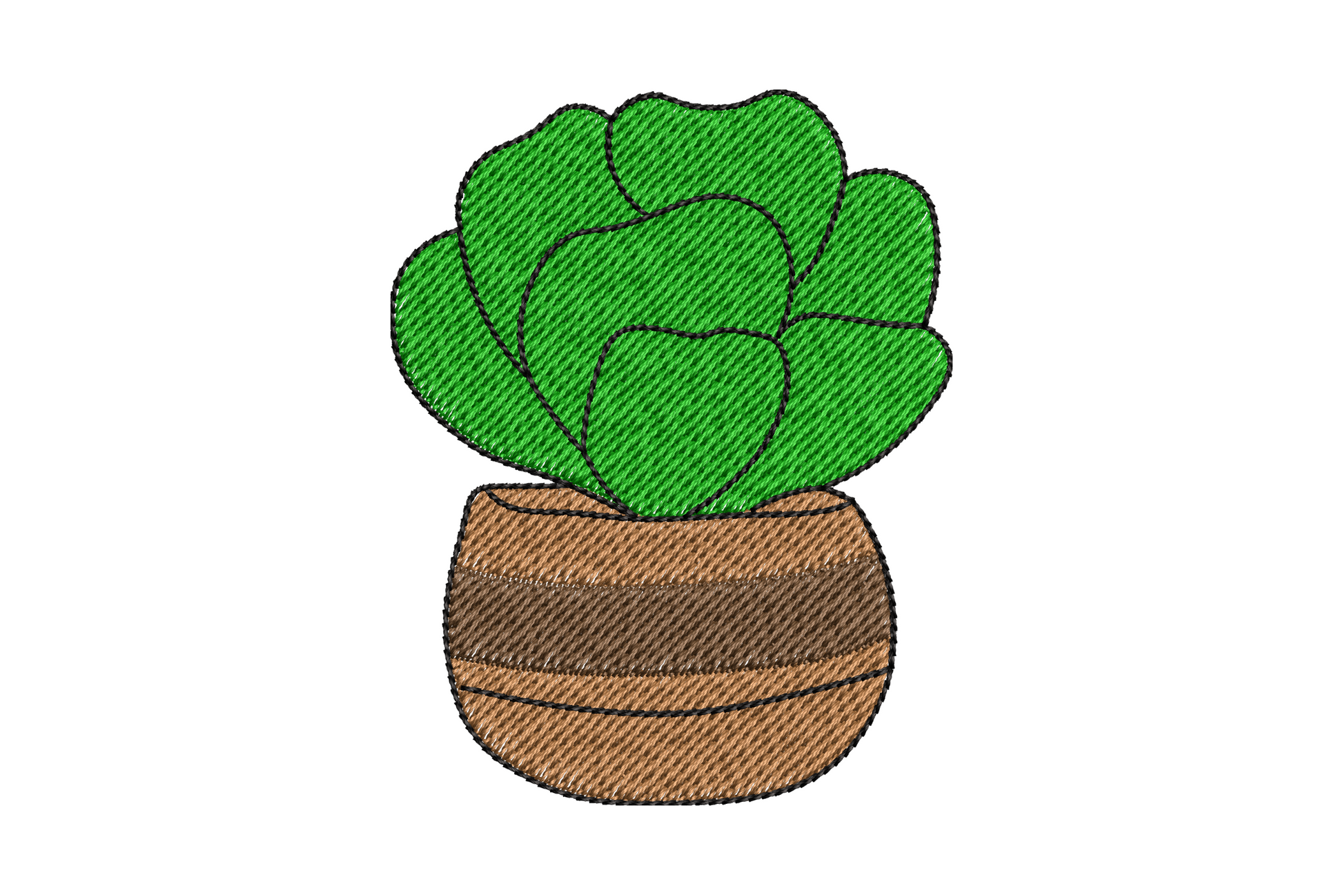 Cute succulent pot embroidery design, cluster of three rosette succulents in sage and dusty mauve with gold pot rim accent.