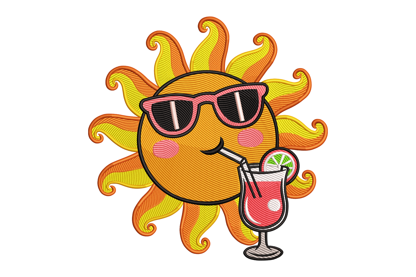 Sun character with sunglasses and a cocktail on a white background