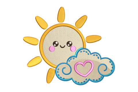Cartoon sun with a smiling face and a cloud with a heart embroidery design