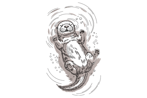 Swimming otter embroidery design floating on its back, chocolate brown and cream on aqua background, 7 sizes available