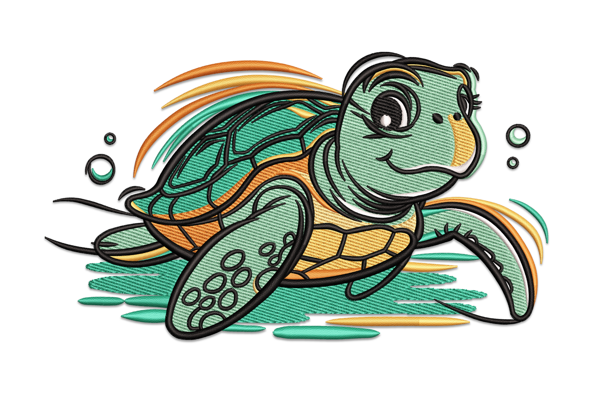 Cute swimming sea turtle embroidery with teal mosaic shell segments, extended flippers and a smiling face, ocean themed design