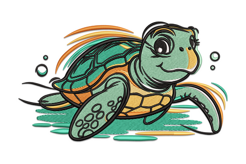 Cute swimming sea turtle embroidery with teal mosaic shell segments, extended flippers and a smiling face, ocean themed design