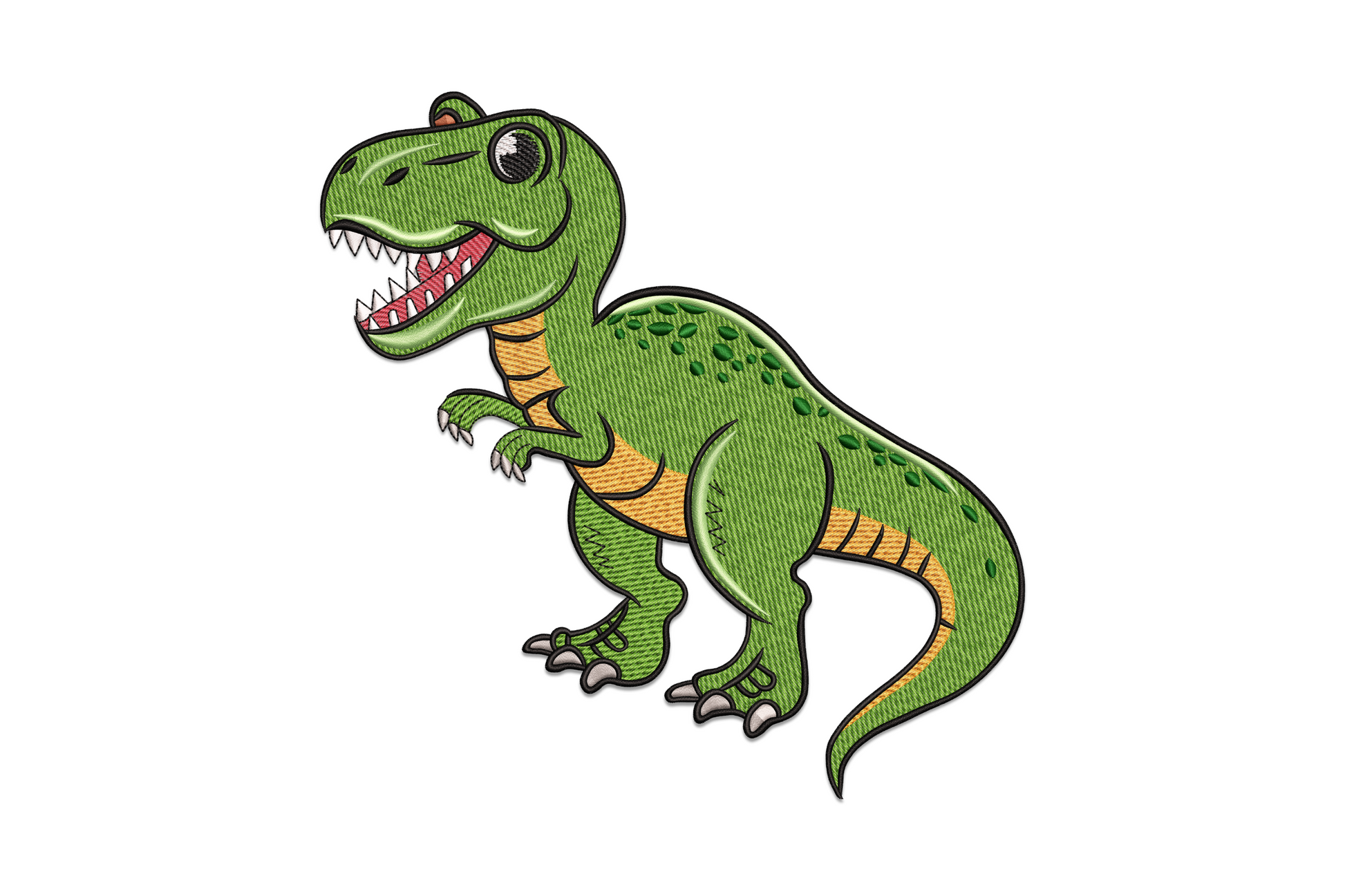 Cute cartoon T-Rex dinosaur embroidery design with big round eyes and tiny arms in olive green and cream, 5 sizes 3.48 to 7.46 inches wide