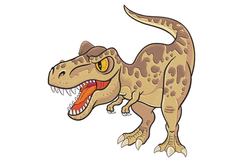 Cute cartoon T-Rex dinosaur embroidery design with leaf green body, mint belly, tiny arms and friendly white toothy grin.