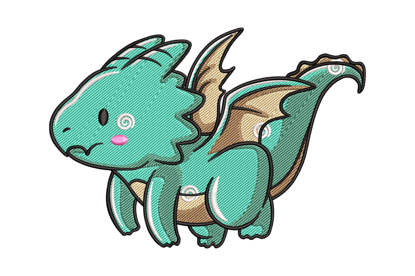 Teal baby dragon embroidery design, chibi kawaii style, golden-tan wings spread wide, pink blush cheek dot, swirl belly accents and curled tail.