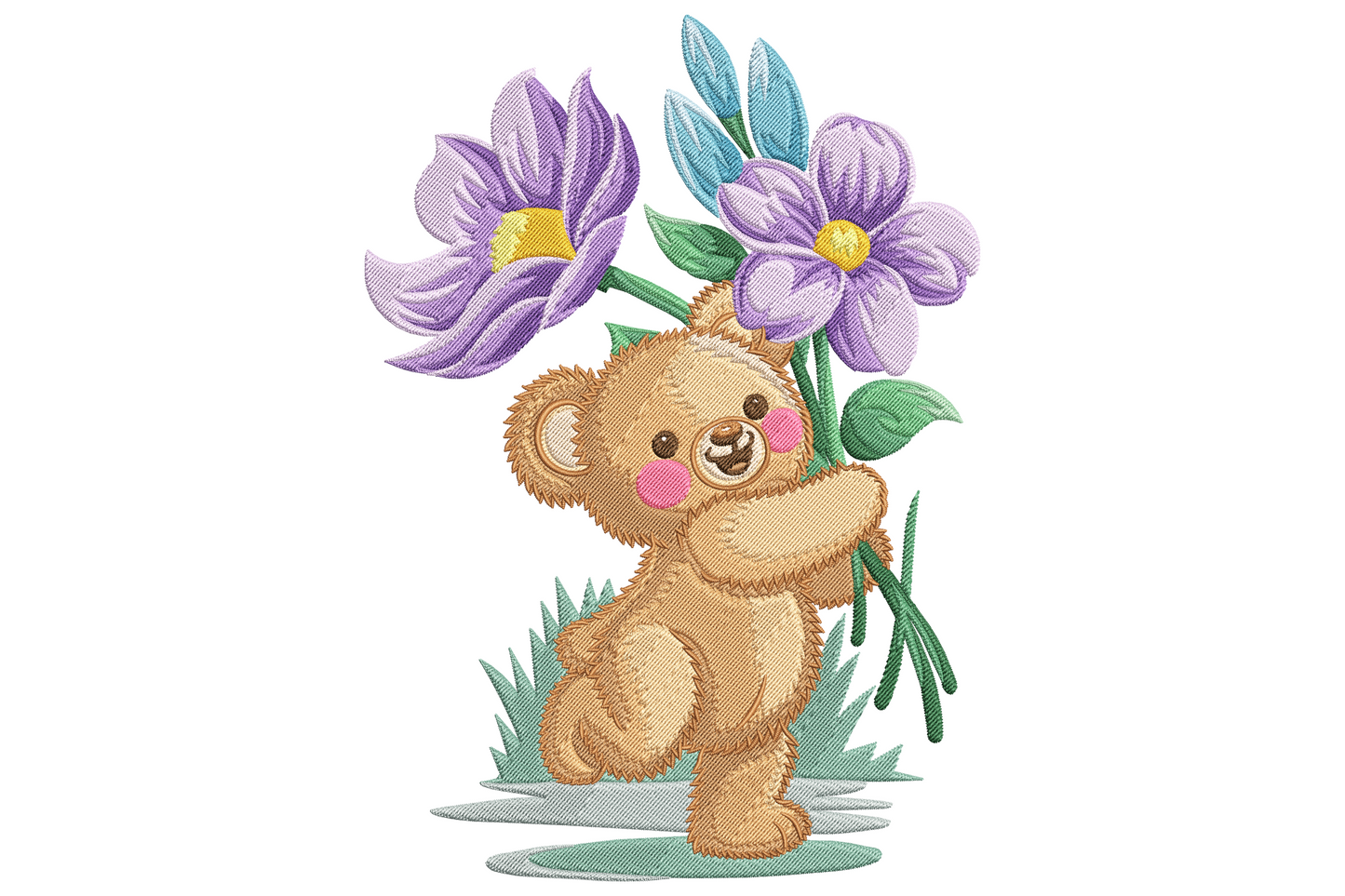 Cute teddy bear holding oversized purple anemone flowers embroidery design in warm tan and violet on cream fabric.