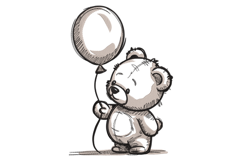 Teddy bear with balloon embroidery design, round honey brown bear holding balloon string in minimal two-colour style.