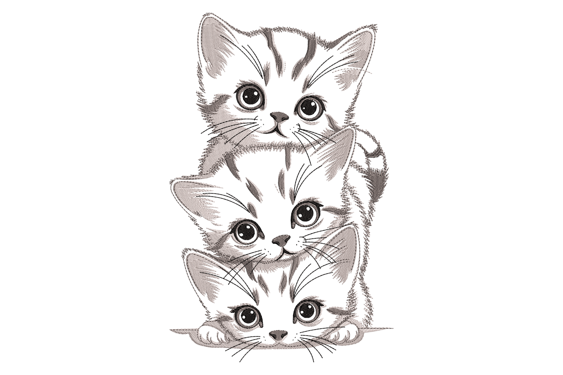 Three kittens stacked vertically, ginger on top, grey tabby middle, tuxedo at base, cartoon style
