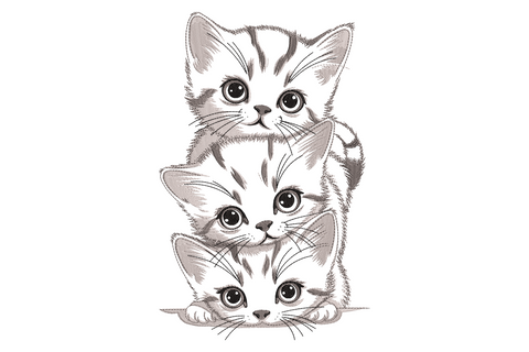 Three kittens stacked vertically, ginger on top, grey tabby middle, tuxedo at base, cartoon style