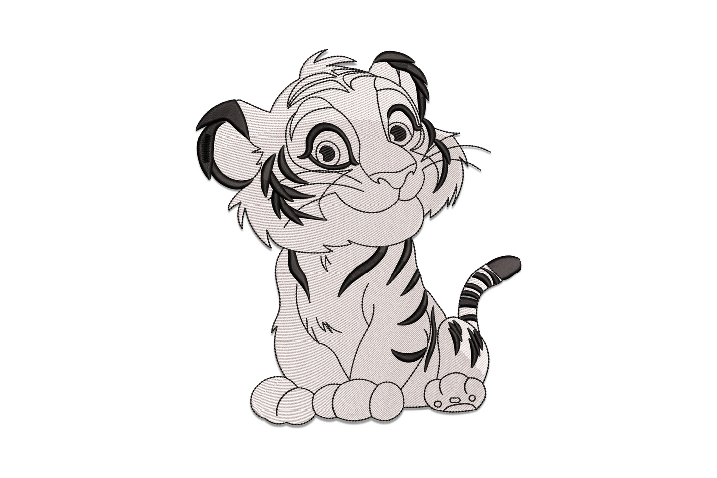 Cartoon tiger cub machine embroidery design, black stripes on white fill, kawaii style for onesie or tote.