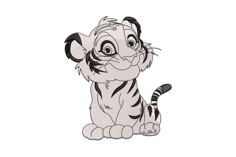 Cartoon tiger cub machine embroidery design, black stripes on white fill, kawaii style for onesie or tote.