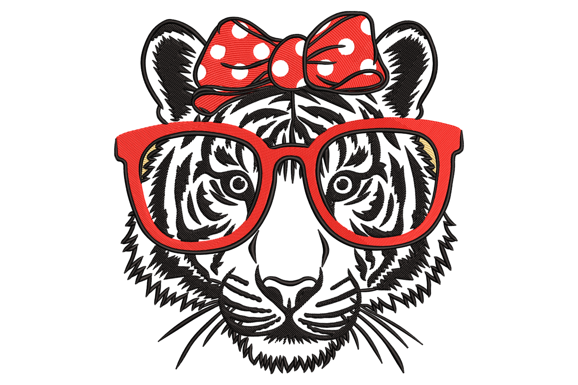 Tiger face embroidery with red oversized glasses, black stripes, white fur and red polka-dot bow on top of head.
