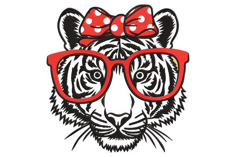 Tiger face embroidery with red oversized glasses, black stripes, white fur and red polka-dot bow on top of head.