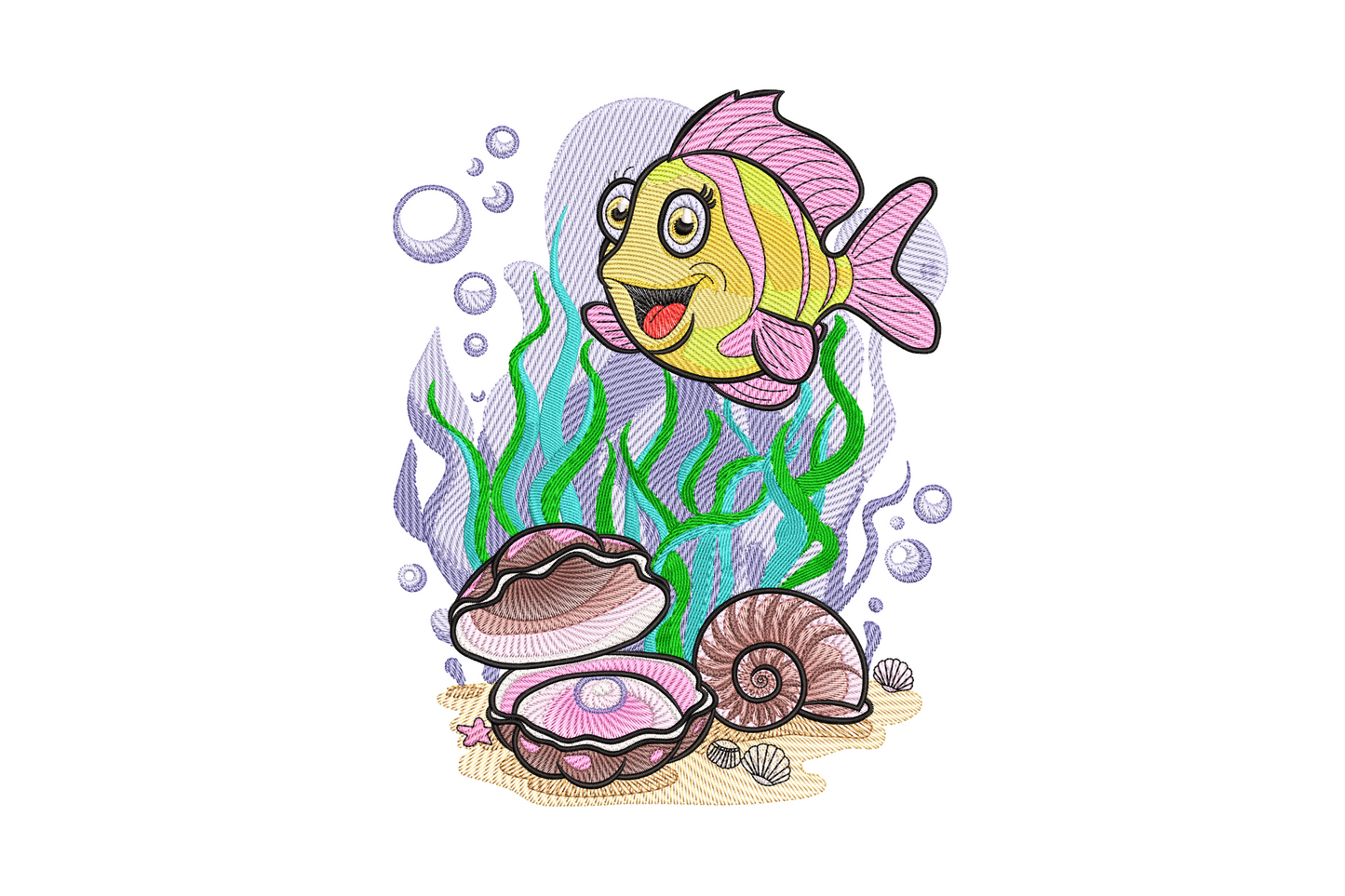 Tropical fish embroidery, 16 colours, scale rows in coral orange and lemon yellow with teal fin detail, 2.72 to 5.84 inch