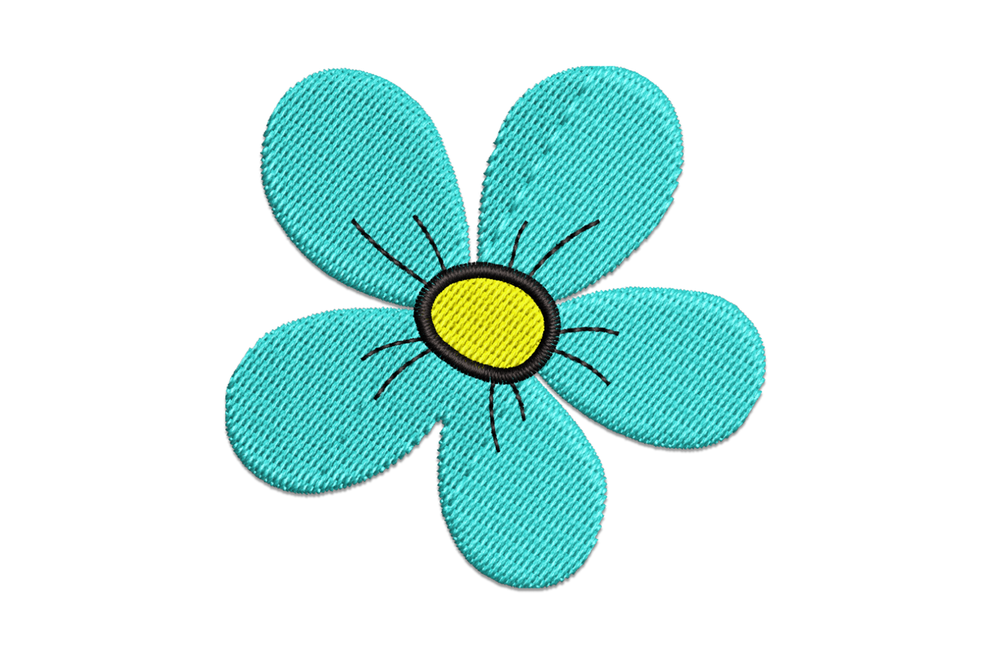 Cute turquoise flower embroidery design with filled rounded petals and small white centre on white background.