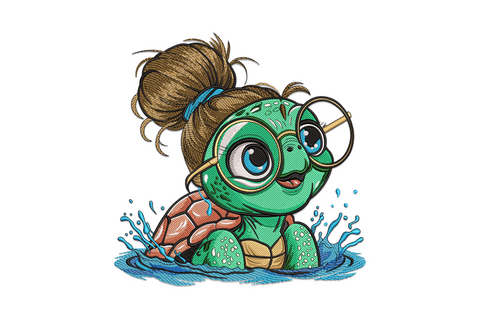 Kawaii baby turtle with big blue eyes, gold glasses and messy brown bun rising from a water splash, terracotta shell behind.