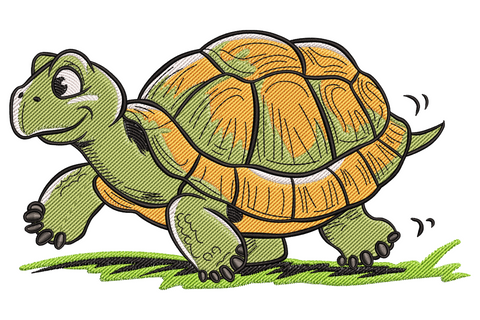 Cute cartoon turtle embroidery design walking through grass, smiling face with green skin and chunky orange segmented shell