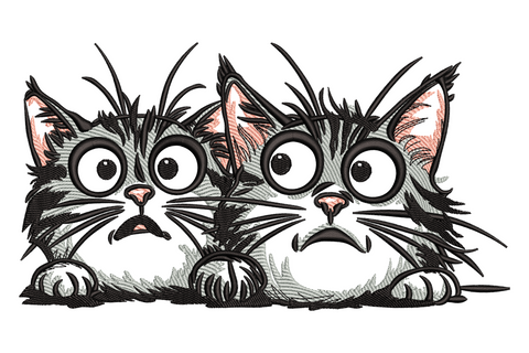 Cute twin cats embroidery design with two identical black cats sitting side by side, white chest bib, amber eyes, clean graphic silhouette on white background.