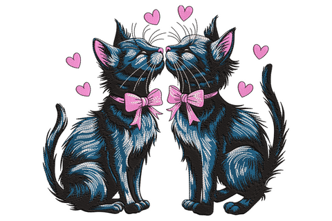 Twin black cats touching noses embroidery with pink bows and floating hearts, layered navy and black fur texture, white whisker highlights.
