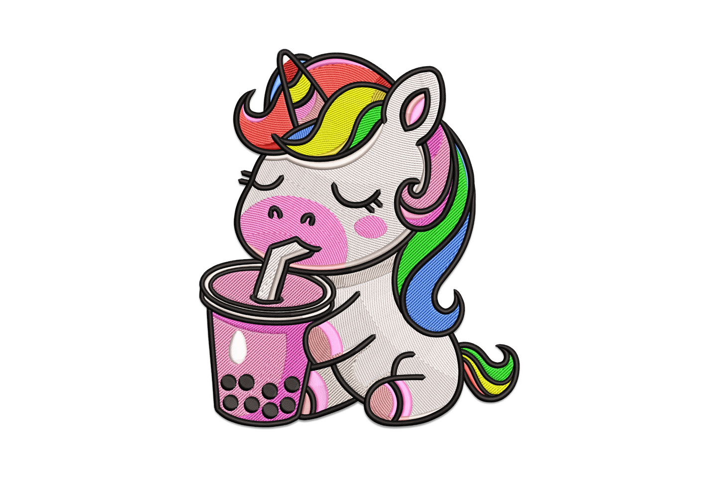 Kawaii unicorn holding boba tea cup embroidery, chubby cartoon style with rainbow mane, bubble pearls and pastel colours
