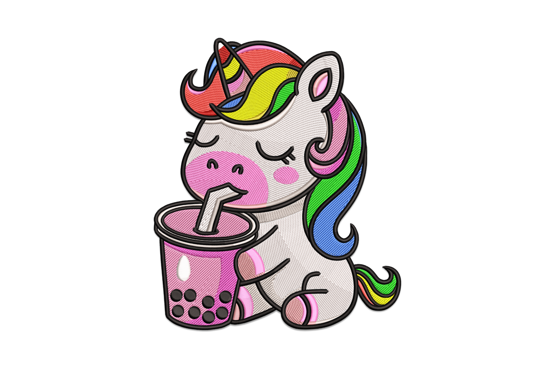 Kawaii unicorn holding boba tea cup embroidery, chubby cartoon style with rainbow mane, bubble pearls and pastel colours