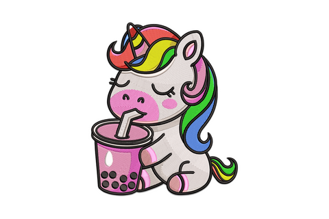 Kawaii unicorn holding boba tea cup embroidery, chubby cartoon style with rainbow mane, bubble pearls and pastel colours