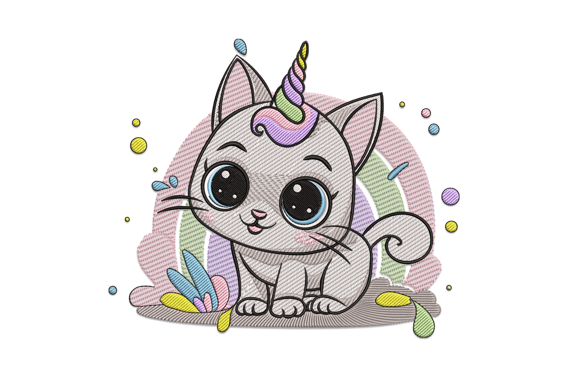 Cute unicorn cat embroidery design, chibi cat with unicorn horn, round eyes and pastel teardrop shapes in 8 colours.