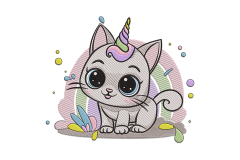 Cute unicorn cat embroidery design, chibi cat with unicorn horn, round eyes and pastel teardrop shapes in 8 colours.
