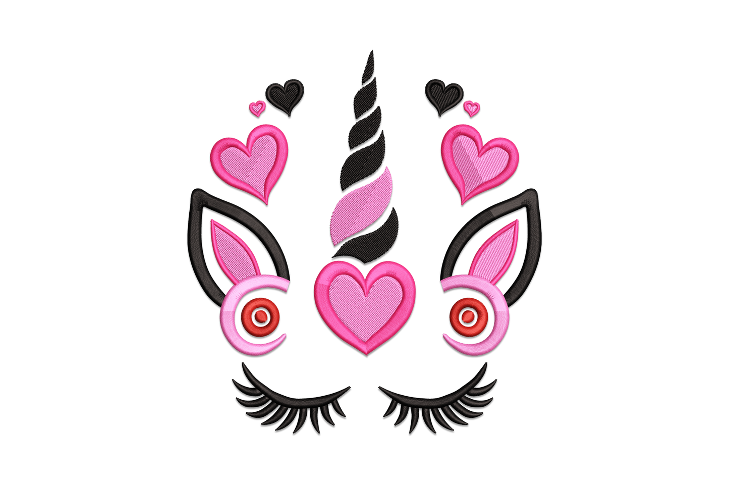 Cute unicorn face embroidery design with hearts, chibi style, soft pastels, 4 colours, 5 sizes 3.24 to 6.92 inches wide