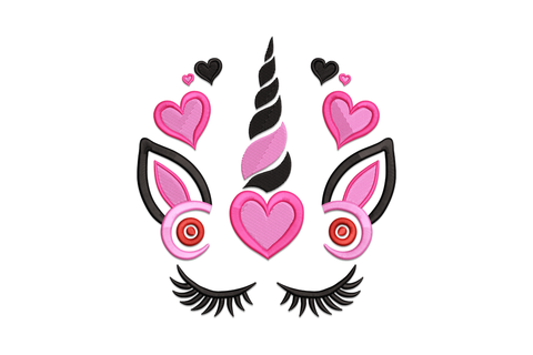 Cute unicorn face embroidery design with hearts, chibi style, soft pastels, 4 colours, 5 sizes 3.24 to 6.92 inches wide