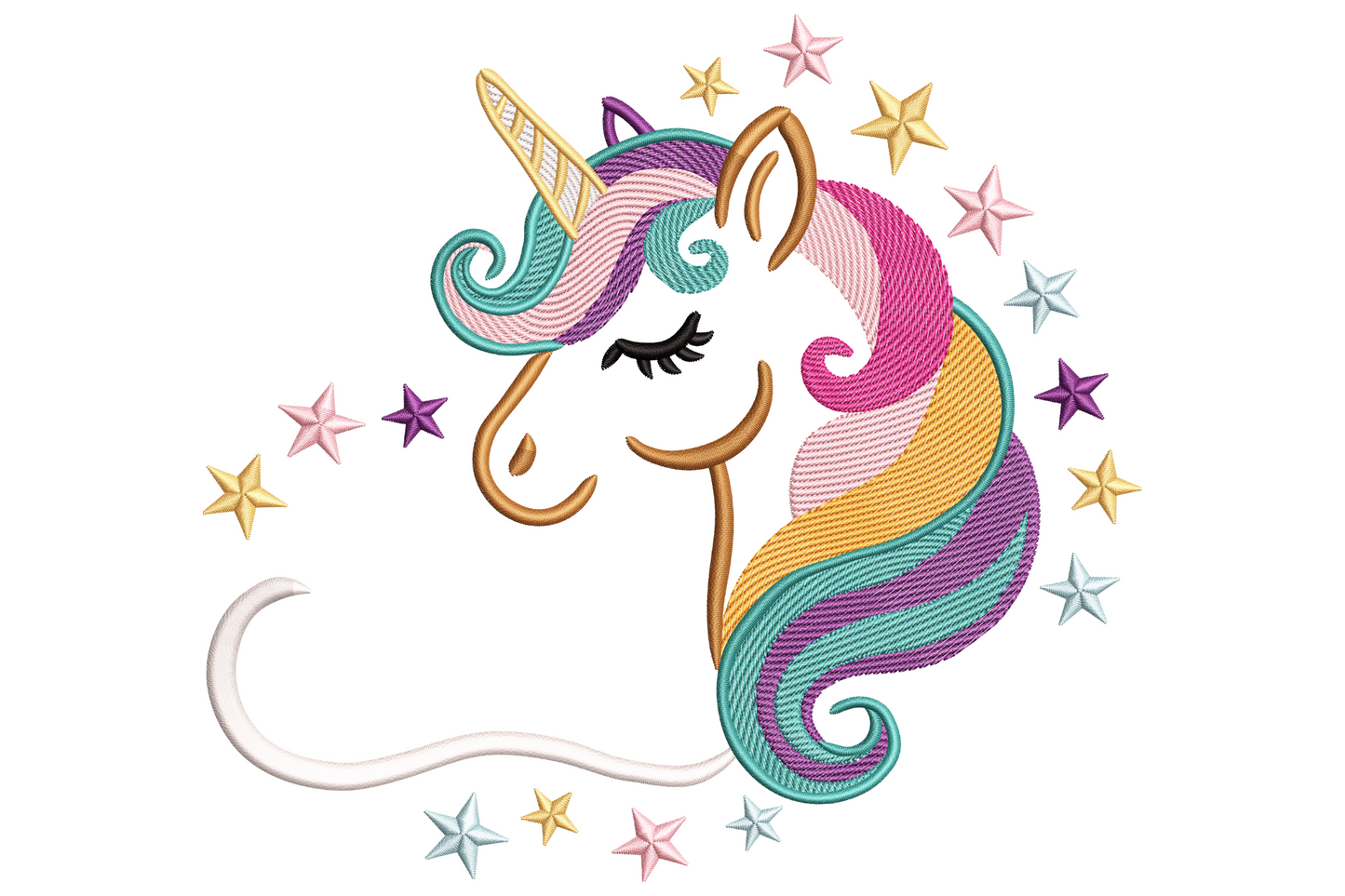 Cute unicorn head embroidery with rainbow mane, gold horn, sleeping eyes and a halo of pastel stars around her.