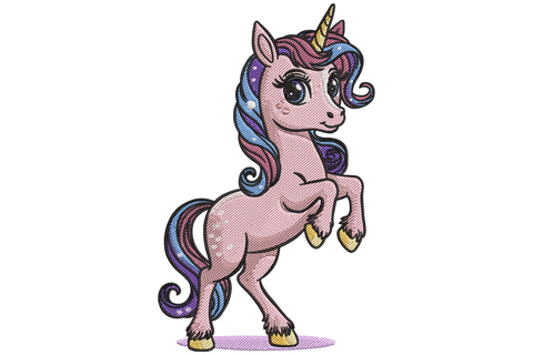 Cute unicorn embroidery design with white body, flowing pastel rainbow mane in lavender pink and sky blue, gold spiral horn and rosy cheeks, 11 colours.