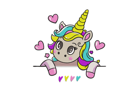 Cute unicorn peek embroidery design with pastel rainbow mane and gold horn, ten colours, whimsical fantasy machine embroidery for kids