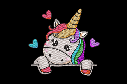 Cute unicorn peeker embroidery, chubby cartoon unicorn peeking over a bar, rainbow mane, gold horn and 3 hearts in pink blue and purple.
