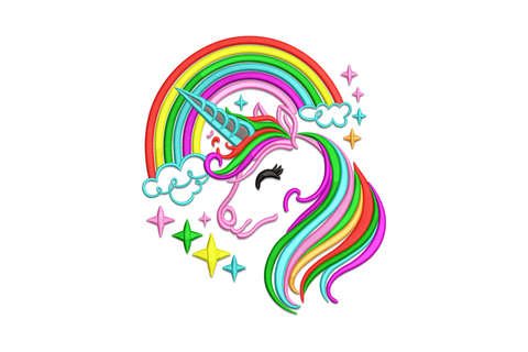 Galloping cartoon unicorn embroidery with full rainbow mane and tail in six stripes, gold horn, blue eye and tiny star