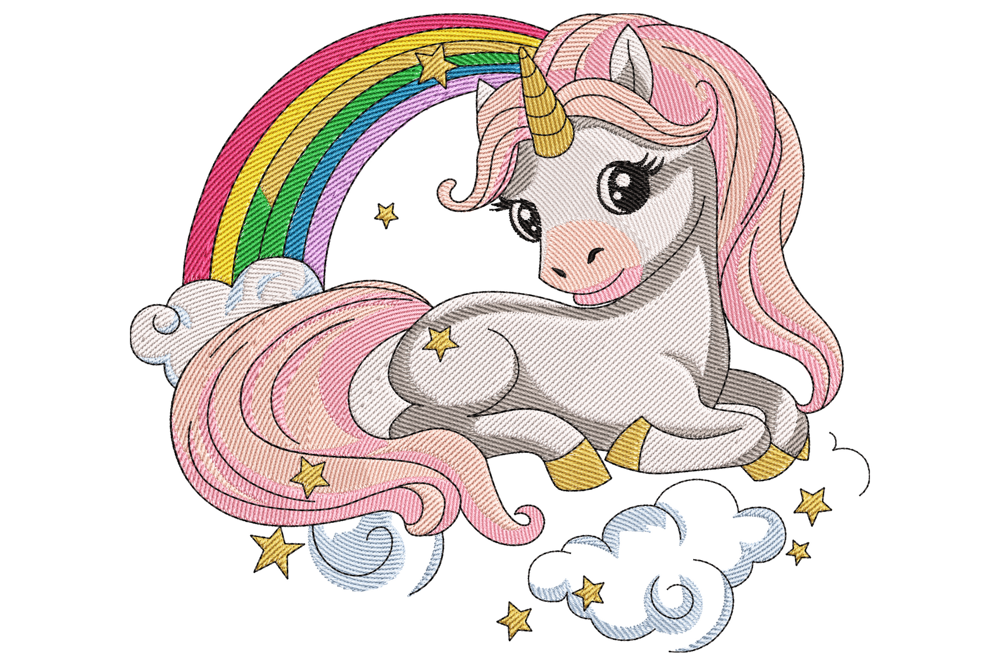 Cute unicorn resting on white clouds with rainbow arc and gold stars, pink mane and peach face in soft pastel kawaii style.
