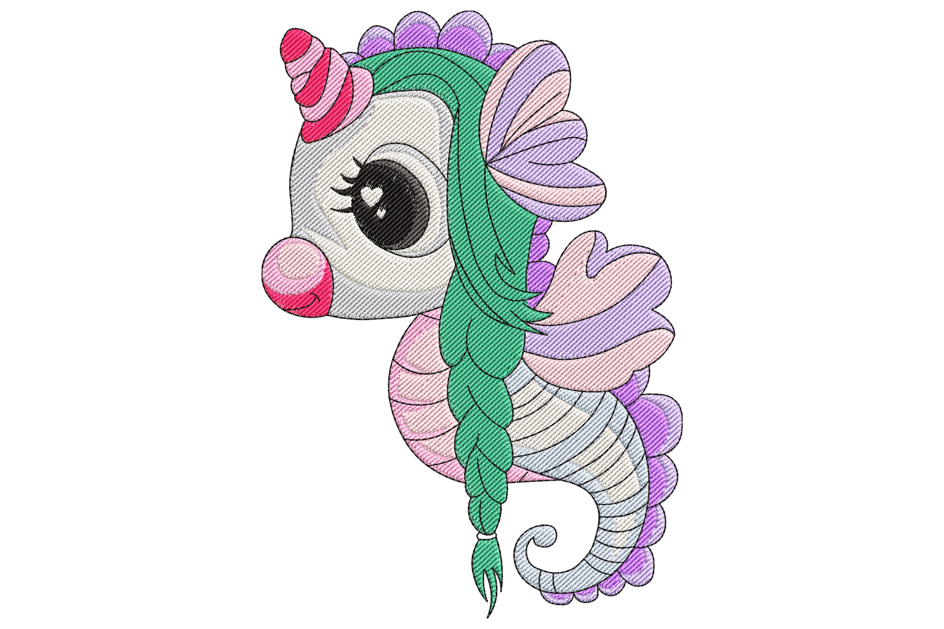 Cute unicorn seahorse embroidery design with pink swirl horn, big anime eye, mint green mane and curling lavender coral shell tail in pastel colours.