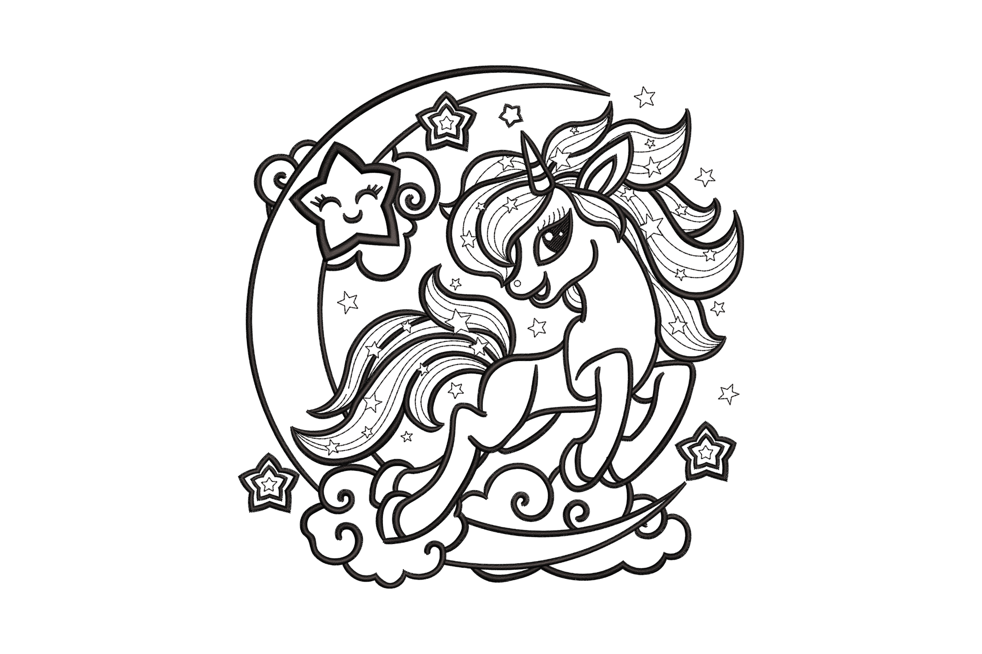 Unicorn on moon embroidery design with single-color outline showing a leaping unicorn on a crescent moon with stars and clouds