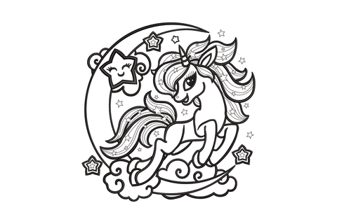 Unicorn on moon embroidery design with single-color outline showing a leaping unicorn on a crescent moon with stars and clouds