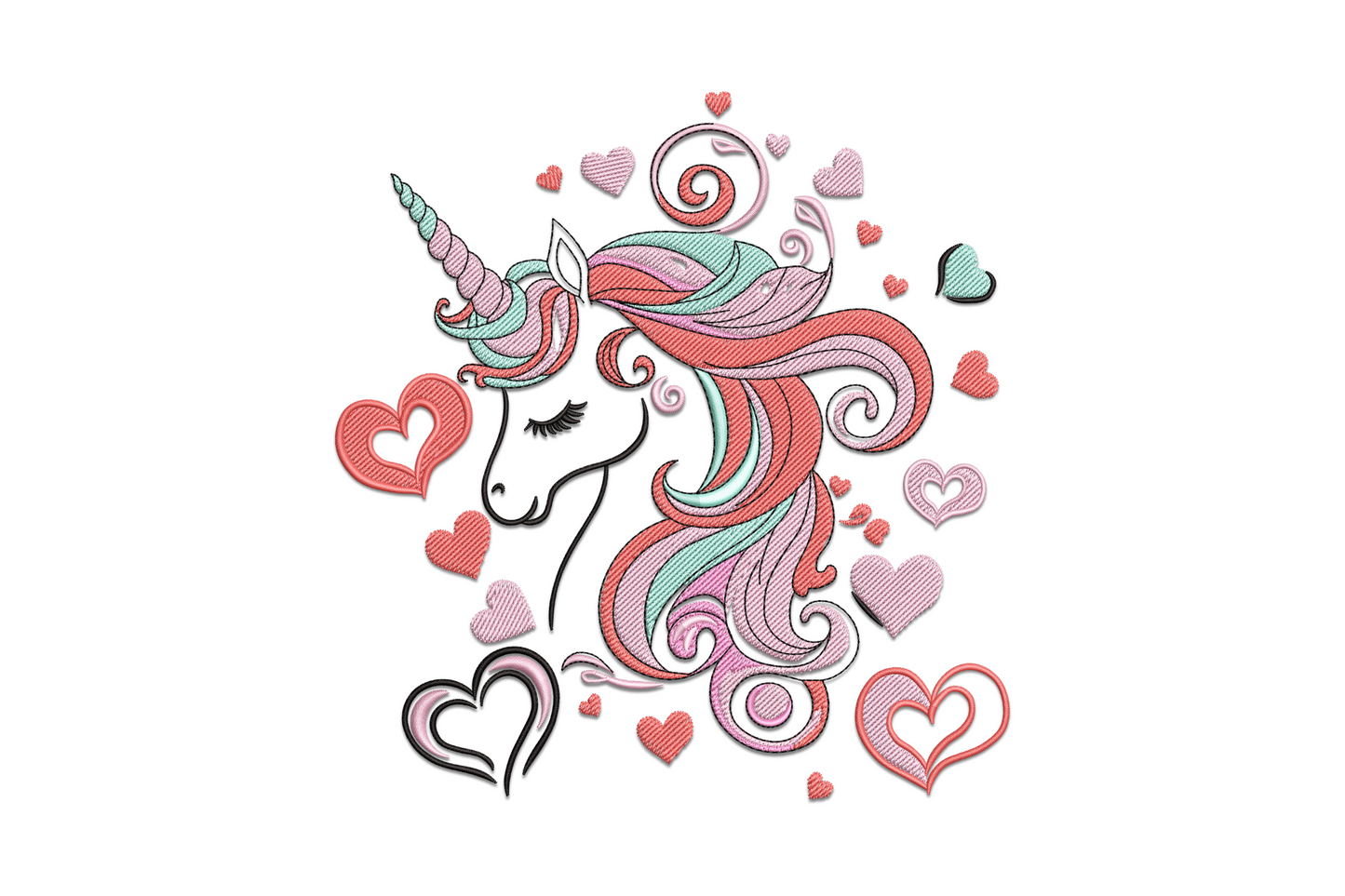 Cute unicorn head embroidery with coral and mint flowing mane, surrounded by scattered pink and teal hearts in various sizes.