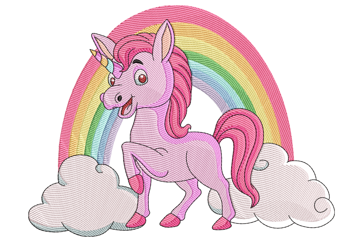 Cute unicorn with rainbow machine embroidery design showing cartoon unicorn with flowing multicolour mane and rainbow arch on white background.
