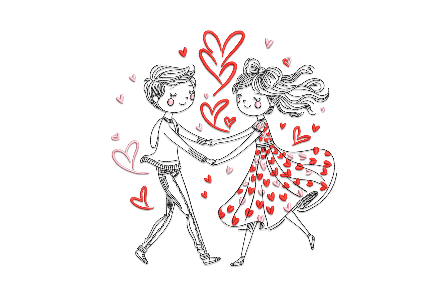 Cute valentine couple love dance embroidery, dancing couple silhouette in ballroom hold with floating heart above, 3 colours