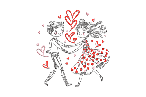 Cute valentine couple love dance embroidery, dancing couple silhouette in ballroom hold with floating heart above, 3 colours