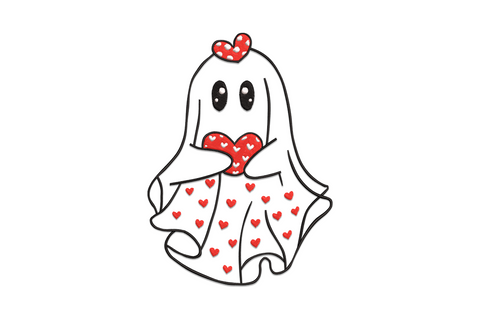 Cute valentine ghost embroidery design, 7 colour round cartoon ghost with heart eyes and rosy cheeks, love theme