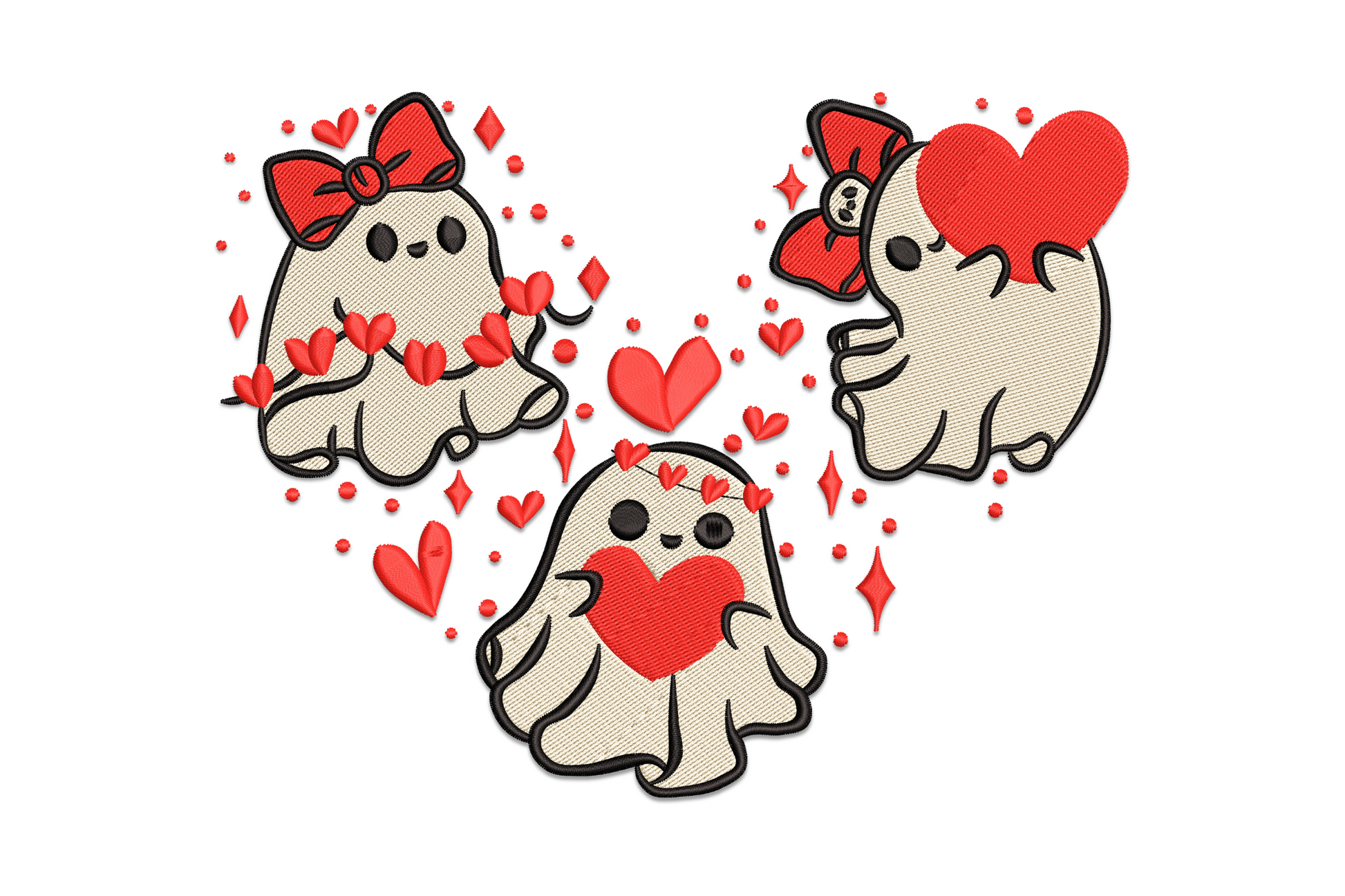 Valentine embroidery design with three white ghosts holding red hearts with red bows, arranged in a heart-shaped cluster
