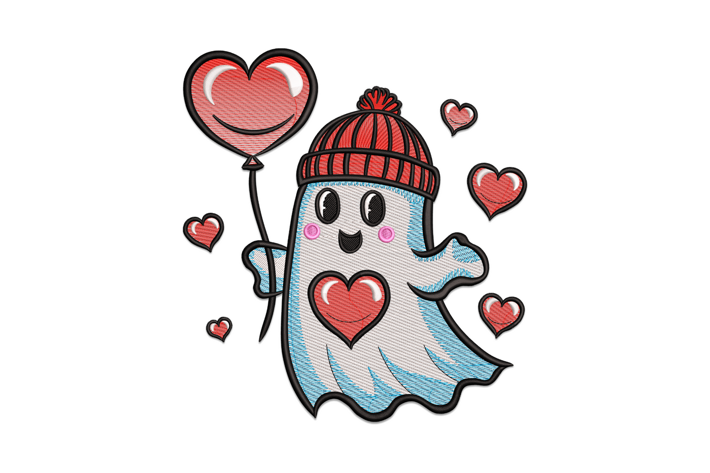Valentine ghost embroidery wearing red striped beanie, holding heart balloon on string, with small hearts floating around, kawaii cartoon style.