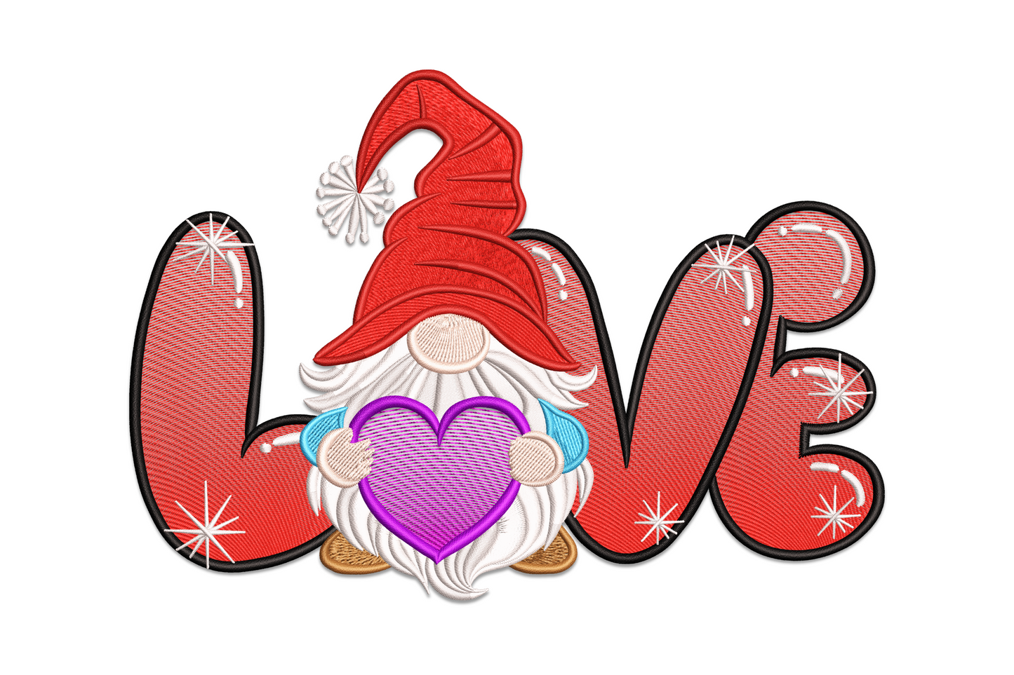 Cute valentine gnome love embroidery design, LOVE text with gnome figure, 9 thread colours, 5 sizes 3.51 to 7.51 inches wide