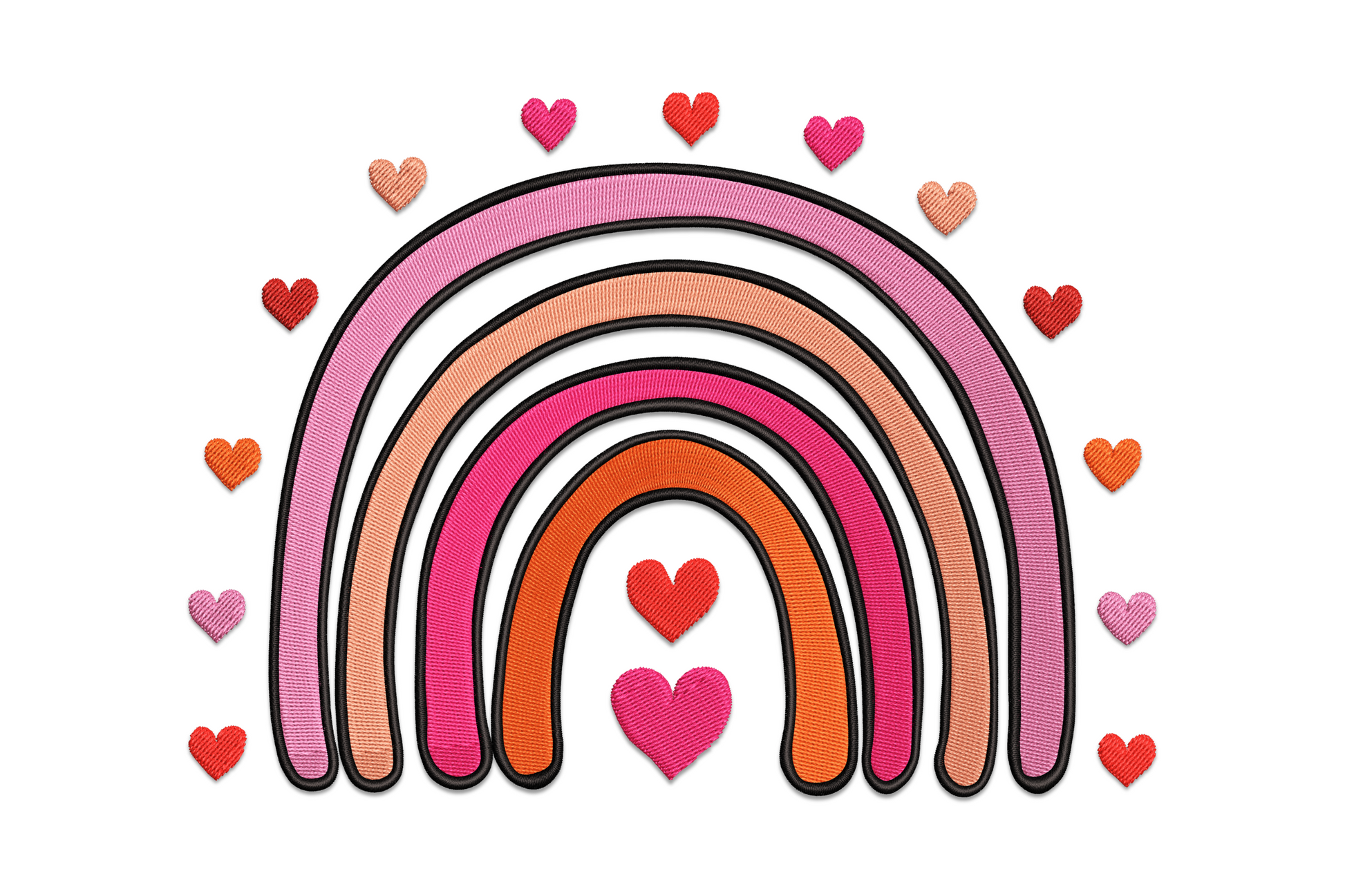 Machine embroidery design of a boho-style rainbow arch in warm Valentine tones -- mauve, blush, pink, peach and burnt orange -- with small hearts scattered around it