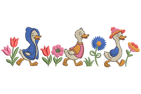 Cute walking ducks embroidery design three white ducks in pastel bonnets among tulips and daisies