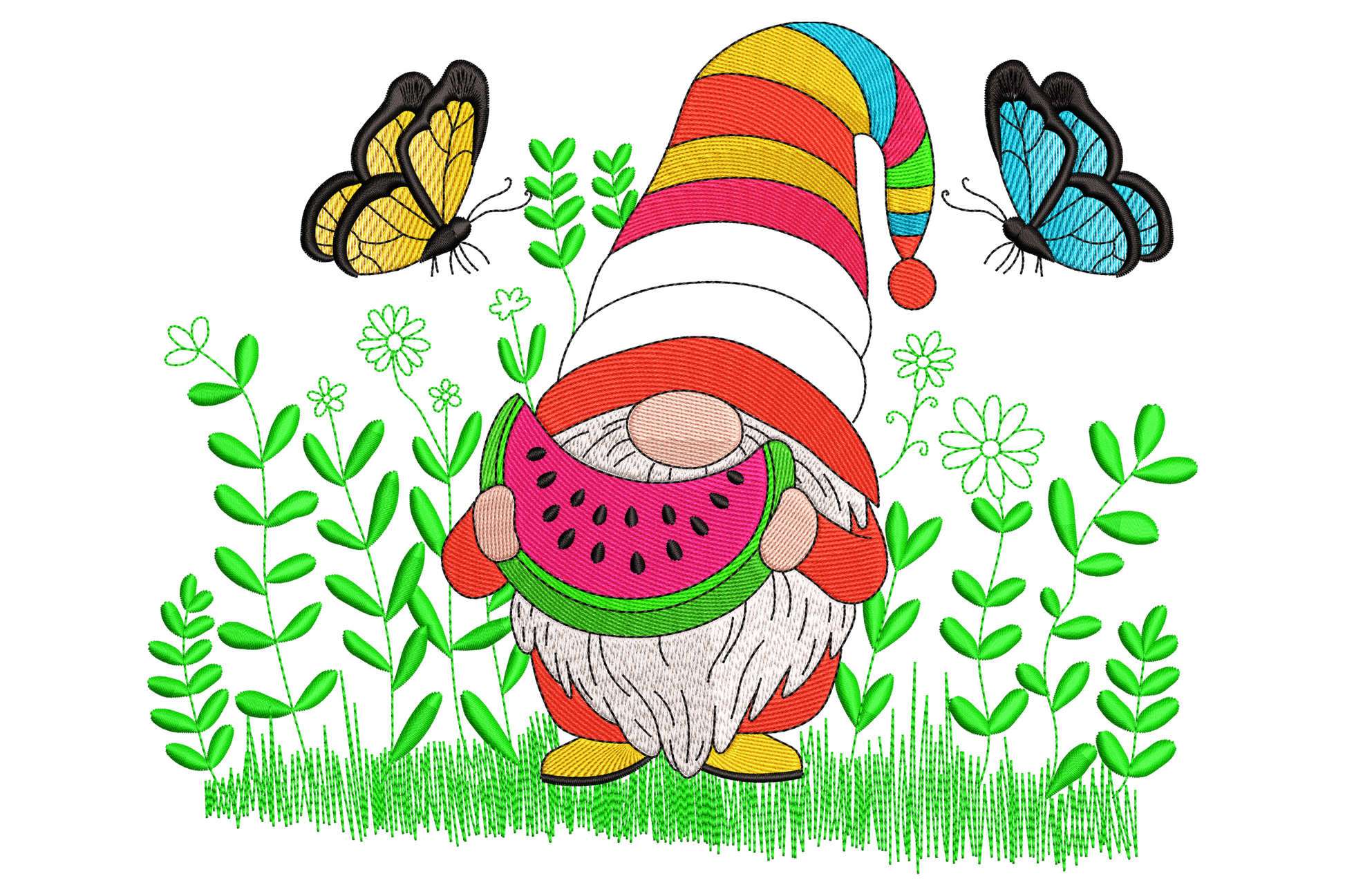 Cute watermelon gnome embroidery design with rainbow striped hat, two butterflies, green garden stems and yellow shoes on white background.
